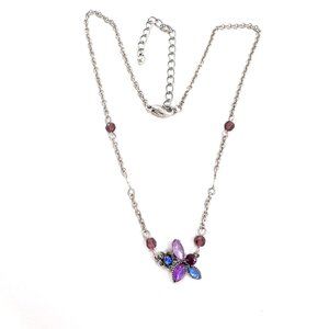 Purple & Blue Jeweled Flower Pendant Silver Tone Beaded 14” Choker Necklace